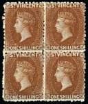 ONE OF ONLY THREE BLOCK OF FOUR RECORDED: 1869 1s brown, a block of four unused with part original gum