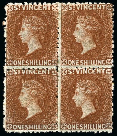 Stamp of St. Vincent ONE OF ONLY THREE BLOCK OF FOUR RECORDED: 1869 1s brown, a block of four unused with part original gum