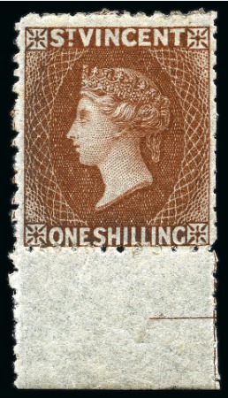 1869 1s/- brown, bottom sheet marginal showing part guide lines, unused with large part original gum