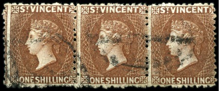 Stamp of St. Vincent 1869 1s brown, used horizontal strip of three