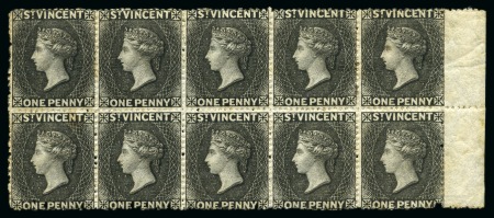Stamp of St. Vincent THE LARGEST RECORDED MULTIPLE: 1871 1d. black, right sheet marginal block of ten, unused with part to large part original gum