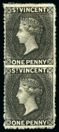 ONE OF ONLY FOUR IMPERFORATE BETWEEN PAIR RECORDED: 1871 1d. black vertical pair, variety imperforate between, unused with small part original gum