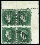 1871 6d. deep green, top right corner sheet marginal block of four, struck twice by neat "A10" cancel