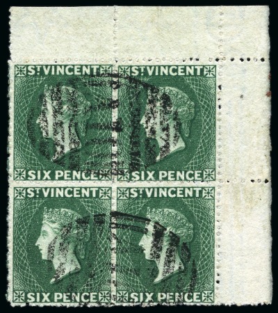 Stamp of St. Vincent 1871 6d. deep green, top right corner sheet marginal block of four, struck twice by neat "A10" cancel