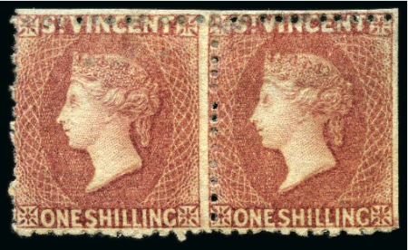A UNIQUE PAIR: 1872 1s deep rose-red, a horizontal pair unused with traces of gum