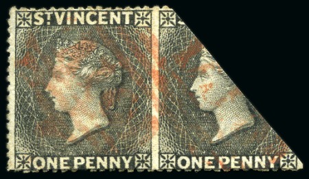 THE ONLY RECORDED EXAMPLE: 1d. black horizontal pair, variety imperforate between, lightly cancelled by "A10" canceler in red, the right stamp cut as a bisect
