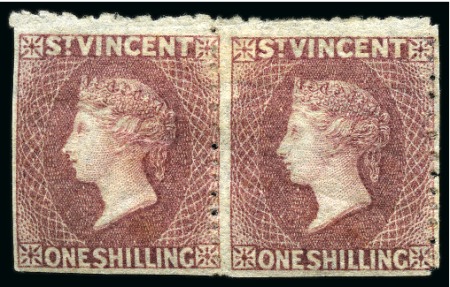 ONE OF ONLY TWO PAIRS RECORDED: 1875 1s claret, a horizontal pair unused with part original gum