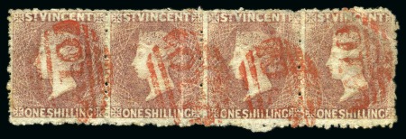 THE LARGEST RECORDED USED MULTIPLE: 1875 1s claret, a horizontal strip of four, each cancelled "A10" in red