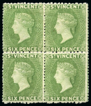ONE OF THE THREE RECORDED BLOCKS: 1875-77 6d. pale green, a block of four unused with part to large part original gum