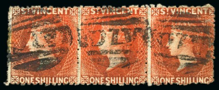 1875-77 1s vermilion, a horizontal strip of three each cancelled "A10" in black