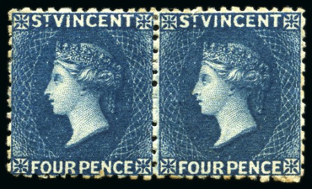 ONE OF ONLY THREE MINT PAIRS: 1877 4d. deep blue horizontal pair, unused with part to large part original gum