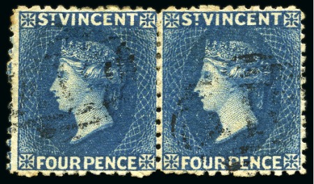 1877 4d. deep blue horizontal pair, both lightly cancelled "A10"
