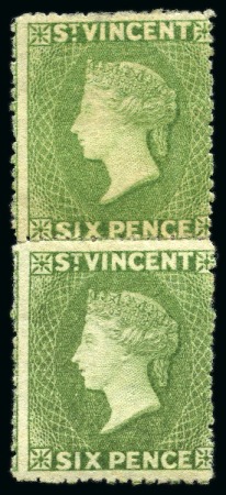 1877-78 6d. pale green, a rejoined vertical pair, the upper stamp with small part original gum