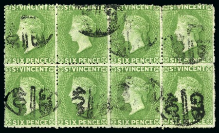 LARGEST RECORDED MULTIPLE: 1877-78 6d. light yellow-green, block of eight cancelled by accountancy mkg