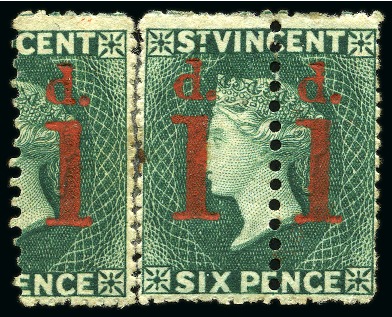 1880 (May) 1d. on half 6d. bright blue-green, unused unsevered pair and left-hand single rejoined at left, unused large part og