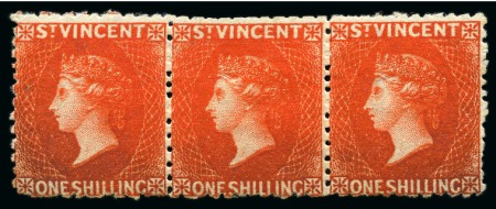 LARGEST RECORDED UNUSED MULTIPLE: 1880 (June) 1s vermilion, a horizontal strip of three unused with part to large part original gum