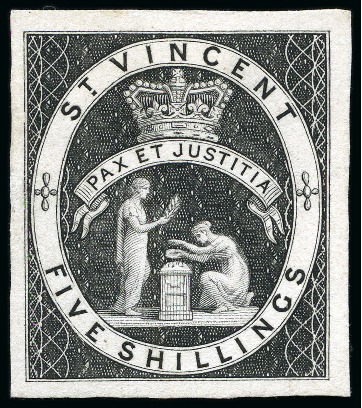 1880 (June) Five Shillings: Complete stamp-size die proof prior to re-cutting over "ive", in black on card