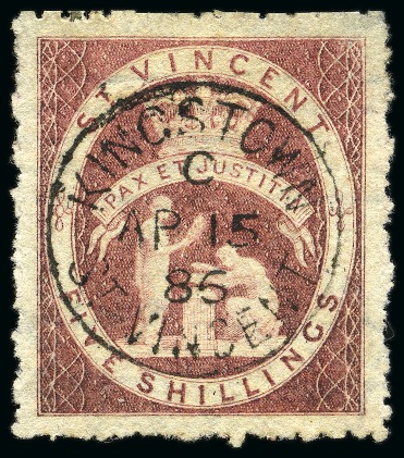 ONLY FIVE DATED EXAMPLES RECORDED: 1880 (June) Five Shillings: Rose-red, neatly cancelled by superb central St. Vincent c.d.s.