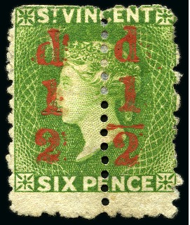Stamp of St. Vincent 1881 (Sept.) 1/2d. on 6d. unsevered pair, the left stamp with fraction bar omitted, unused part og
