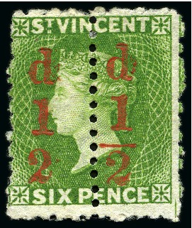 1881 (Sept.) 1/2d. on 6d. unsevered pair, the left stamp with fraction bar omitted, ine unused without gum