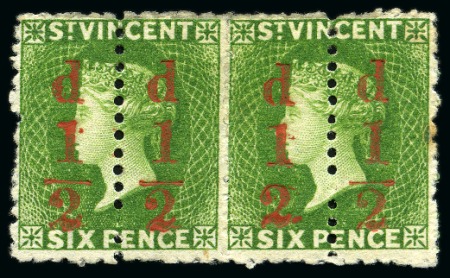 1881 (Sept.) 1/2d. on 6d. horizontal pair comprising two unsevered pairs, the third stamp with fraction bar omitted, large part og