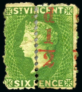 ONLY THREE EXAMPLES RECORDED: 1881 (Sept.) 1/2d. Surcharge rejoined pair, the left stamp with surcharge omitted