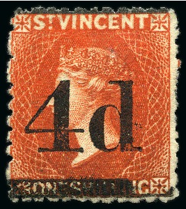 1881 (Nov.) "4d" on 1s bright vermilion First Trial: A single, unused with traces of gum