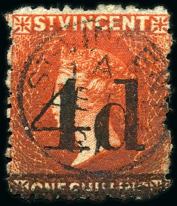 1881 (Nov.) "4d" on 1/- bright vermilion First Trial: A single, neatly cancelled by St. Vincent c.d.s.