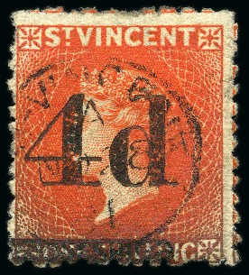 1881 (Nov.) "4d" on 1/- bright vermilion Second Trial cancelled by St. Vincent cds