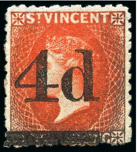 1881 (Nov.) "4d" on 1/- bright vermilion a single, fine unused without gum