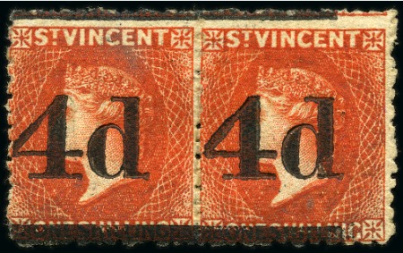 1881 (Nov.) "4d" on 1/- bright vermilion Final Surcharge unused pair with slight traces of gum