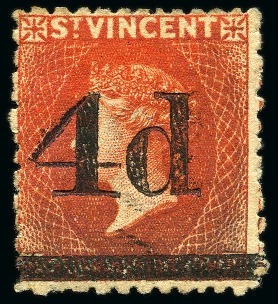 1881 (Nov.) "4d" on 1/- bright vermilion Final Surcharge Setting: A single, unused with part original gum