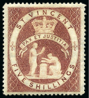 Stamp of St. Vincent 1885-93 Colour Trials 5s pale rose, perf 14, large part original gum