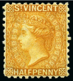 Stamp of St. Vincent 1882 Colour Trials 1/2d. orange, perf. 12, watermark reversed, small part original gum