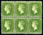 LARGEST RECORDED MULTIPLE: 1883-84 CA 6d. bright green, block of six, unused with part to large part original gum