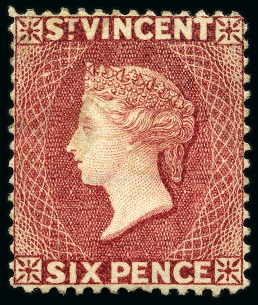 Stamp of St. Vincent 1885-93 Colour Trial 6d. in carmine-lake, perf 14, small part original gum