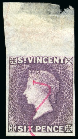 ONLY RECORDED EXAMPLE: 1885-93 Plate Proofs 6d. violet, imperforate, top sheet marginal example crossed by red ink stroke