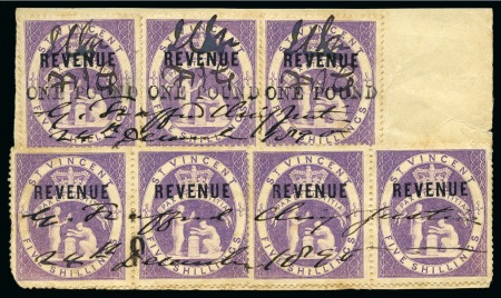 1886 5s lilac pairs (2) and "one pound" (25x3mm.) on 5s. lilac (3), all affixed to piece and cancelled by two sets of manuscript initials and date