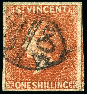 ONE OF TWO RECORDED EXAMPLES: 1877-78 1s vermilion, imperforate, used