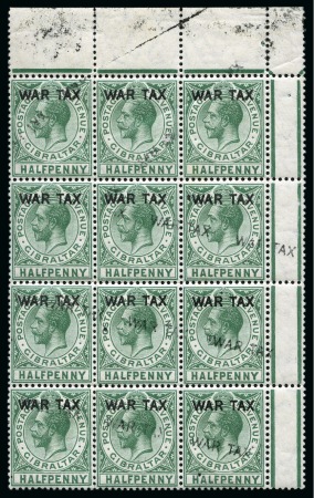 Stamp of Gibraltar 1918 War Tax 1/2d in mint nh top right corner pane marginal block of 12 showing variety OVERPRINT DOUBLE, ONE DIAGONAL