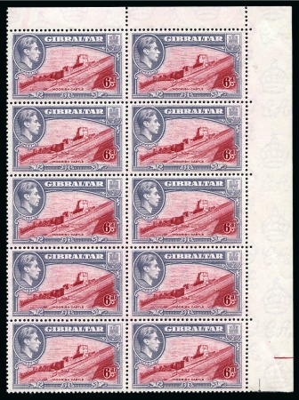 Stamp of Gibraltar 1938-51 6d Carmine & Grey-Violet perf.13 1/2 mint nh top right corner marginal block of 10