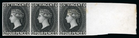 Stamp of St. Vincent 1882 Plate proof 4d black right marginal horizontal strip of three in black on thin card