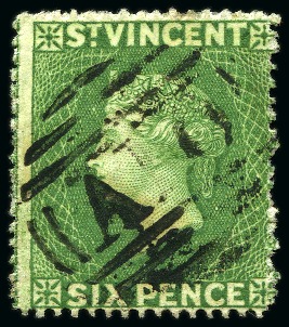 Stamp of St. Vincent 1861 6d deep yellow-green, used with centrally struck "A10" canceller