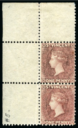 Stamp of St. Vincent 1862-68 1d rose-red, top left corner sheet marginal, unused with large part original gum