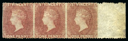 Stamp of St. Vincent 1861 1d Rose-Red showing variety imperforate vertically in mint right sheet marginal horizontal strip of three
