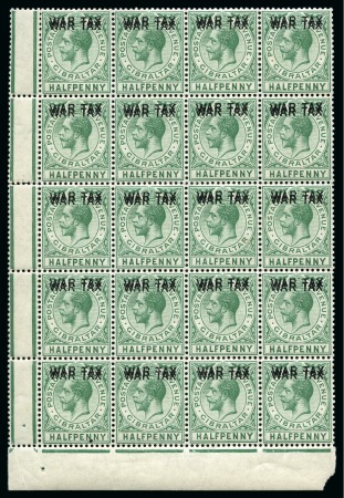 Stamp of Gibraltar 1918 War Tax 1/2d with DOUBLE OVERPRINT variety in mint n.h. block of 20