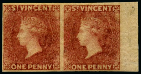 Stamp of St. Vincent 1861 1d rose-red, imperforate pair and two imperforate plate proof pairs