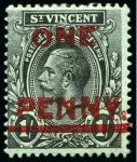 1915 1d on 1s black and green, showing "PENNY" and bar double