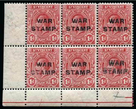 1916 WAR TAX 1d carmine-red, bottom left corner sheet marginal block of six, one showing double overprint