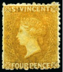 1869 4d. yellow, six unused single, all without gum to large part gum
